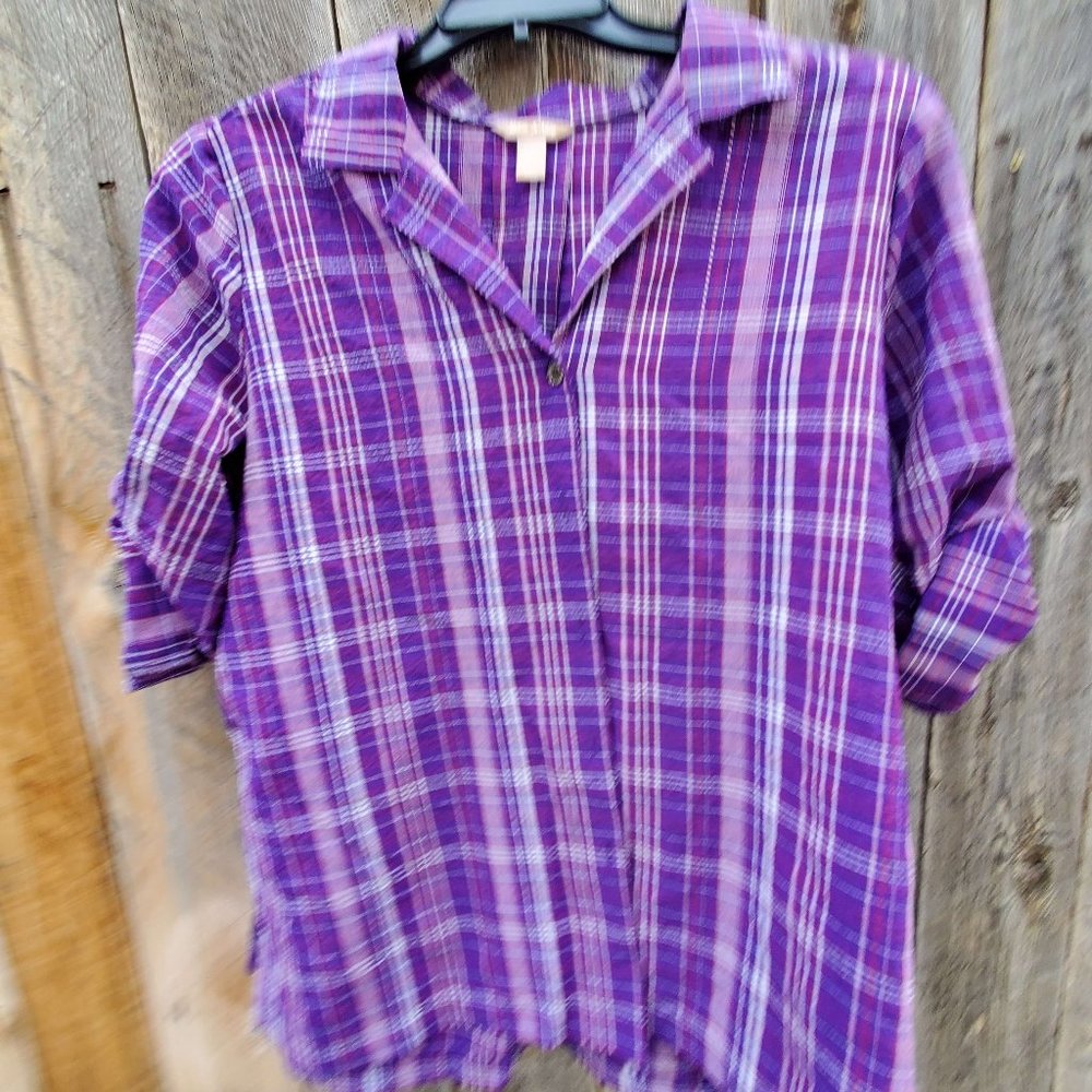 White Stage Purple Plaid Roll Sleeve Blouse XL 16/18